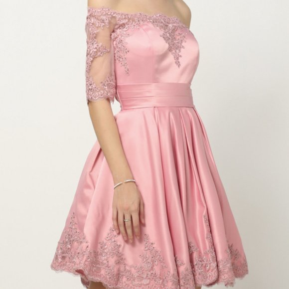 NEW SHORT OFF THE SHOULDER A-LINE POLYESTER DRESS EMBROIDERED WITH LACE JT 804 - Picture 1 of 8